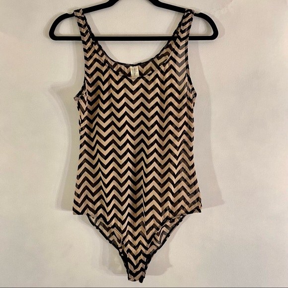 forever 21 sheer black and tan zigzag bodysuit size large - Picture 2 of 3